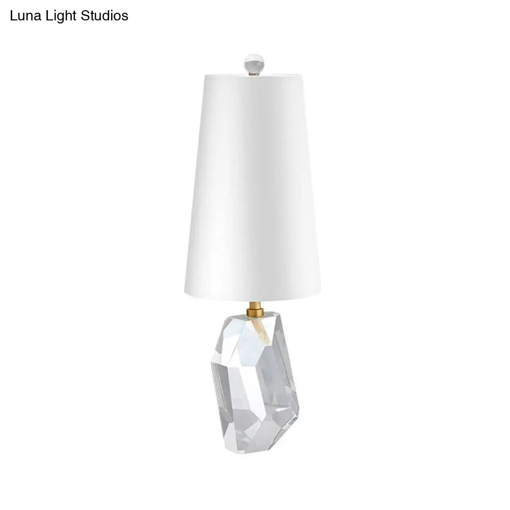 White Geometric Fabric Desk Lamp With Beveled Crystal Accent - Simplistic 1-Head Night Table Light