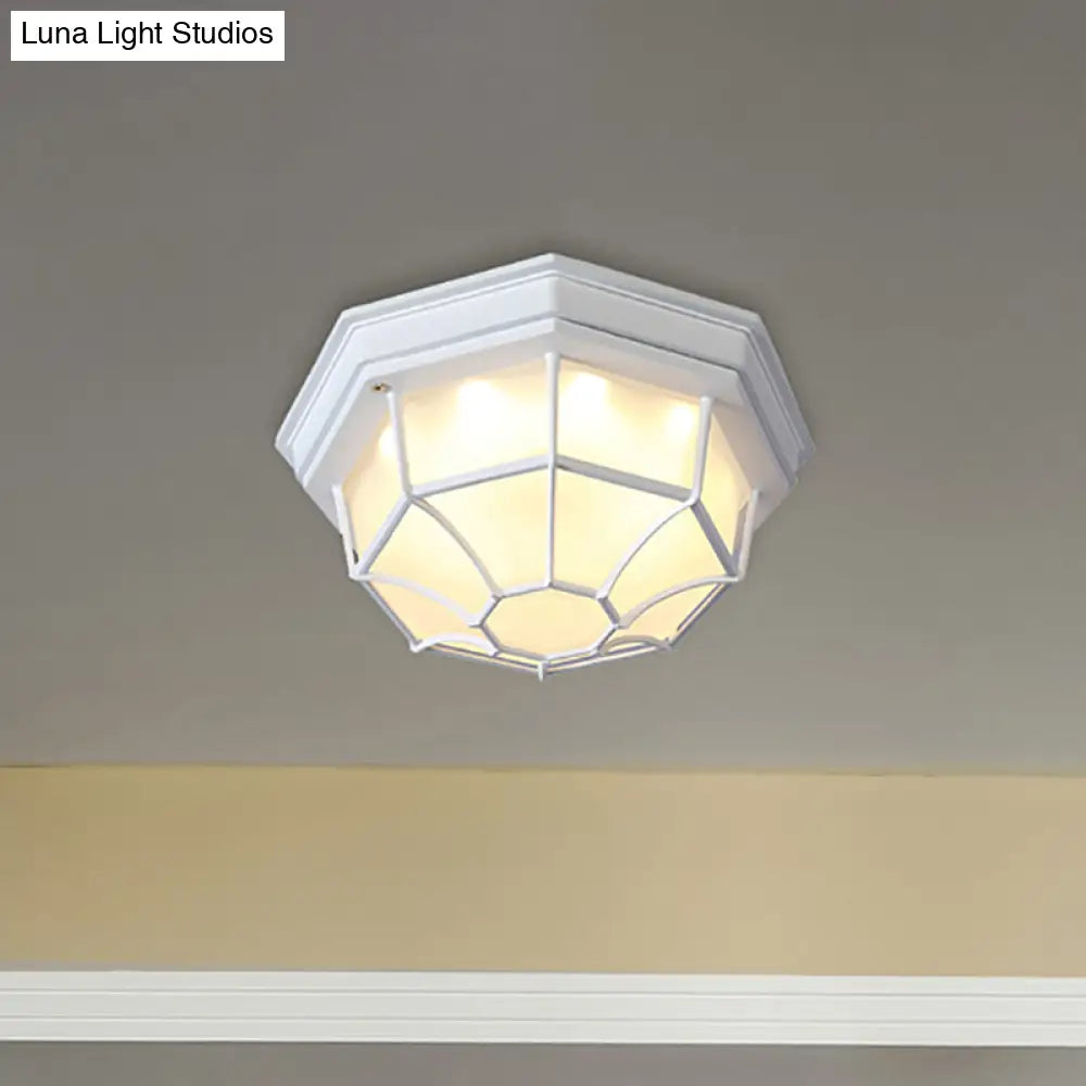 White Geometric Flush Ceiling Mount Light Fixture - Industrial Frosted Glass For Bedroom