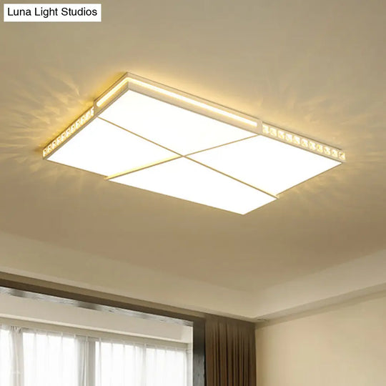 White Geometric Led Flush Ceiling Light With Crystal Accents / Rectangle