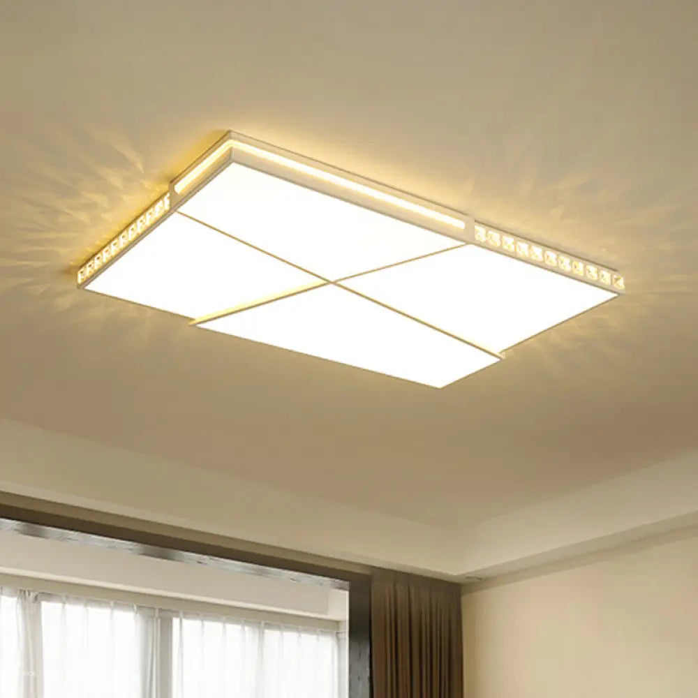 White Geometric Led Flush Ceiling Light With Crystal Accents / Rectangle