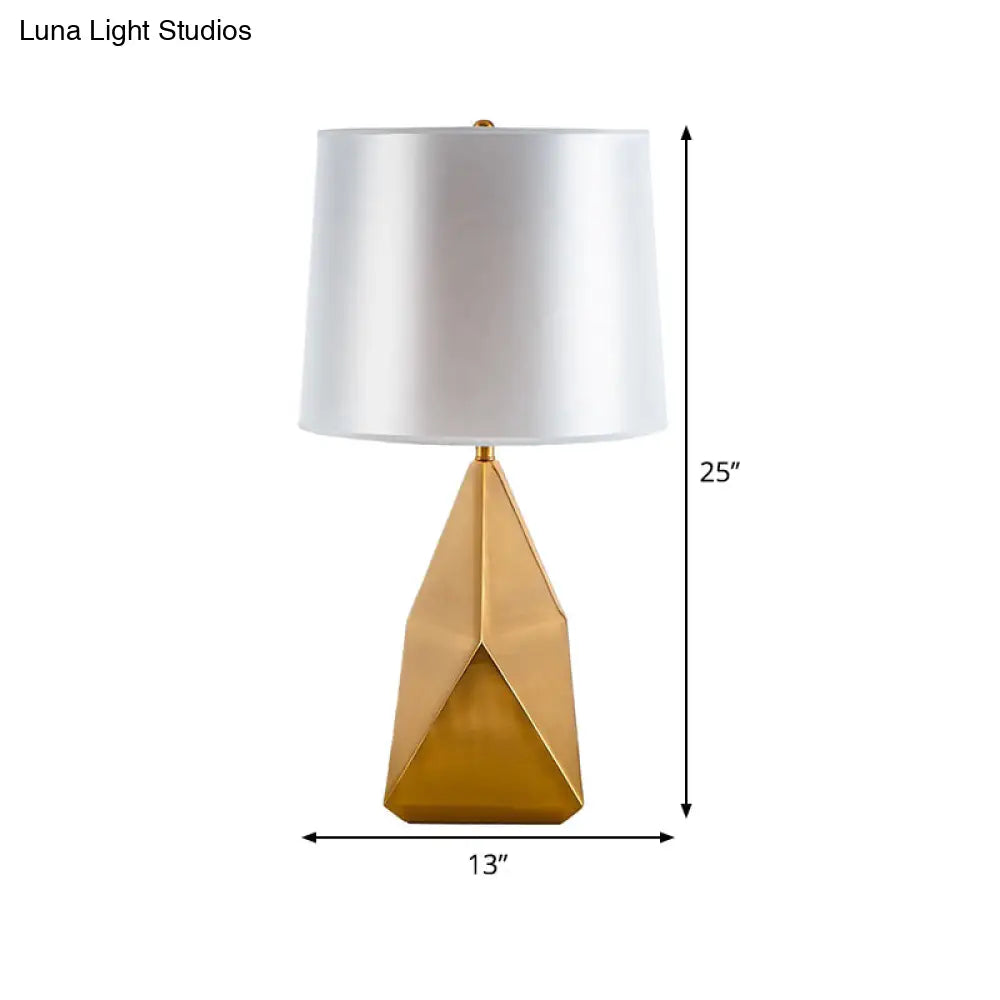 White Geometric Night Lamp - Luxury Metal Table Lighting With Barrel Fabric Shade