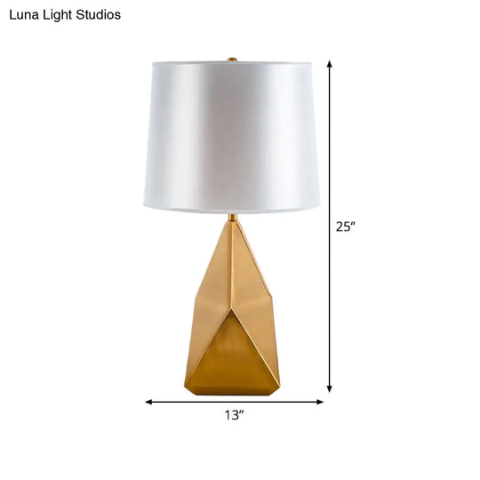 White Geometric Night Lamp - Luxury Metal Table Lighting With Barrel Fabric Shade