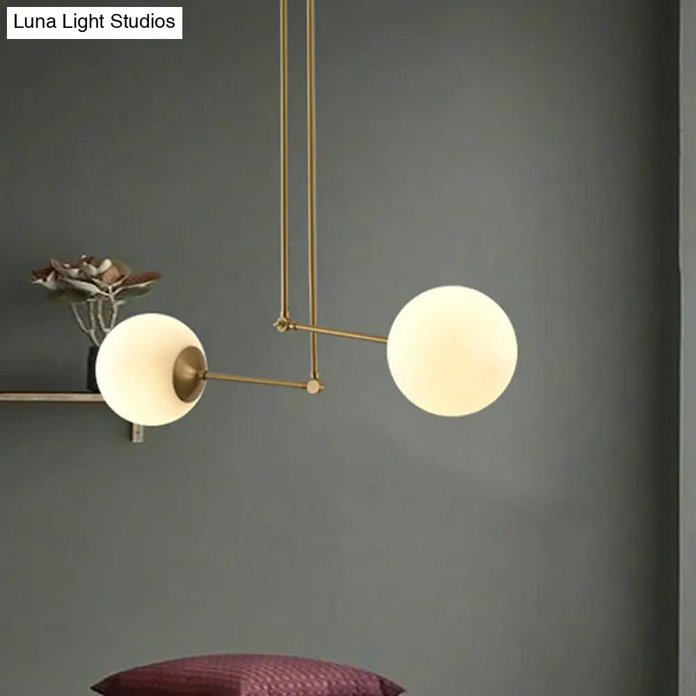 Simple Ball Pendant Ceiling Lamp - White Glass Brass Finish- 2 Heads Adjustable Node For Living Room