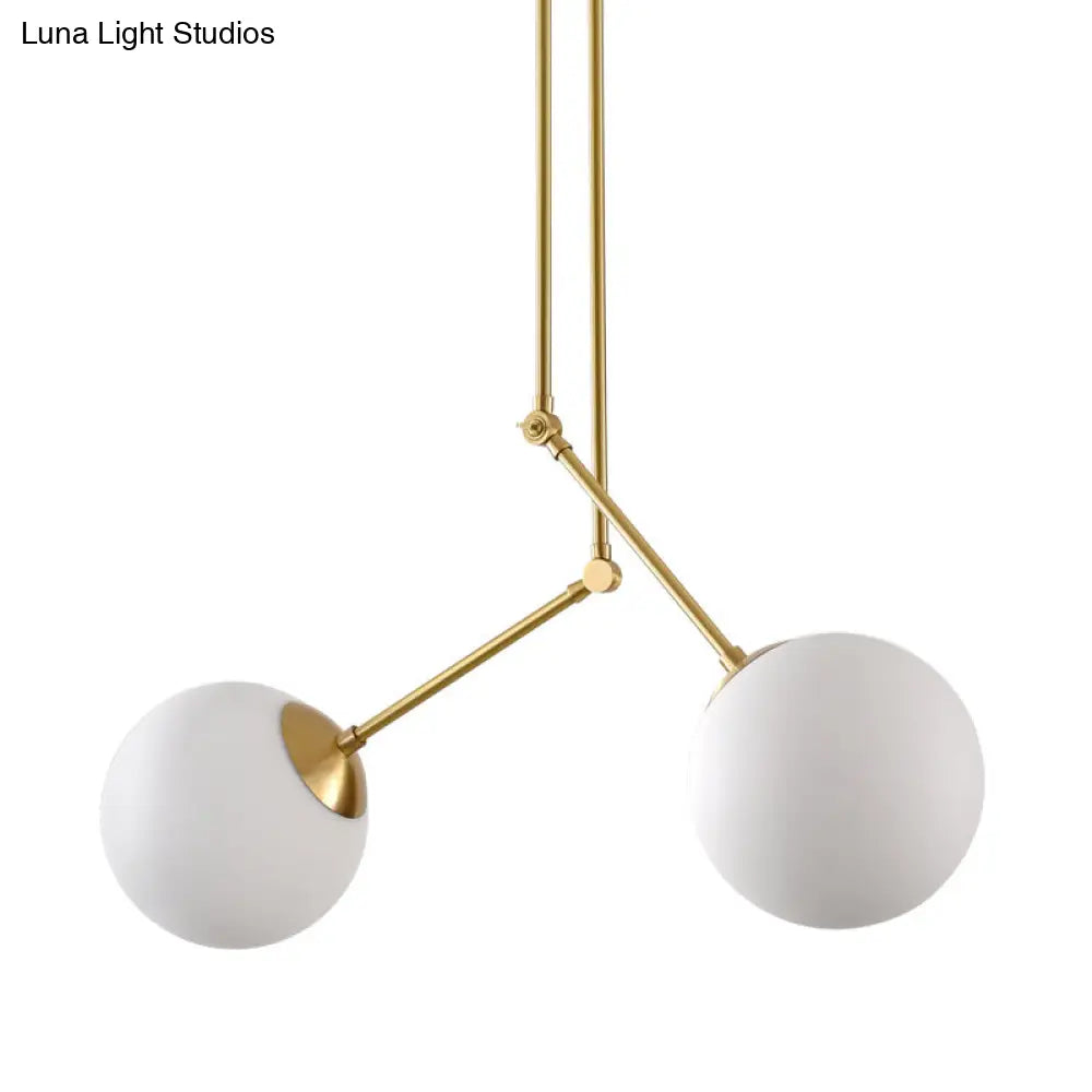 Simple Ball Pendant Ceiling Lamp - White Glass Brass Finish- 2 Heads Adjustable Node For Living Room