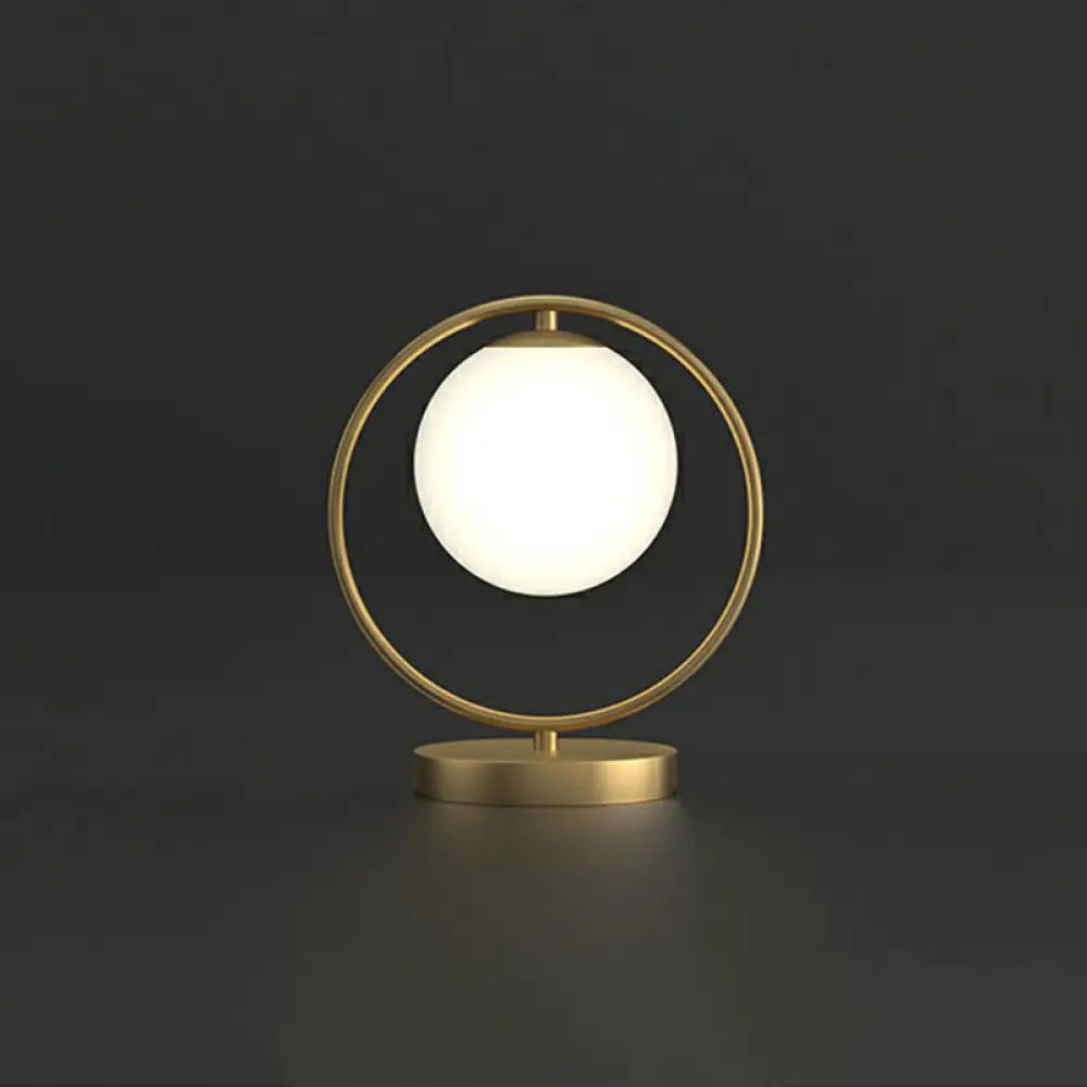 White Glass Ball Bedside Lamp With Gold Ring Decor - Single Minimalistic Table Light / A