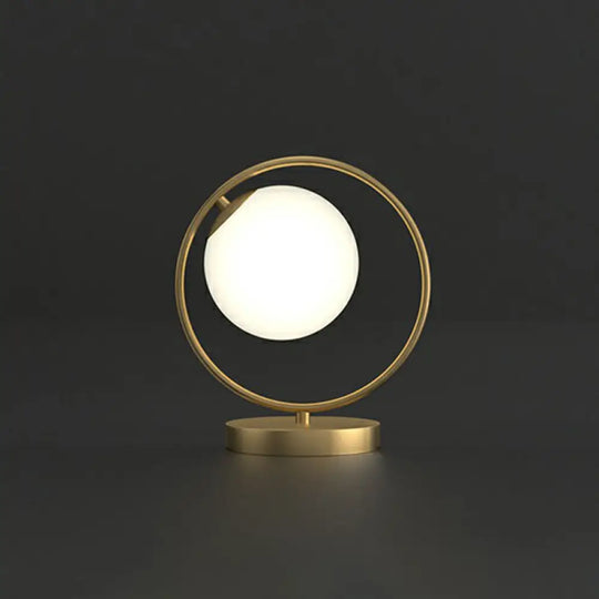 White Glass Ball Bedside Lamp With Gold Ring Decor - Single Minimalistic Table Light / B