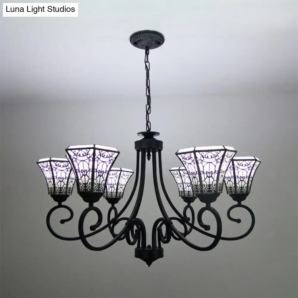 6-Light Lodge Style Black Glass Bell Pendant Light With Fence Design Chandelier