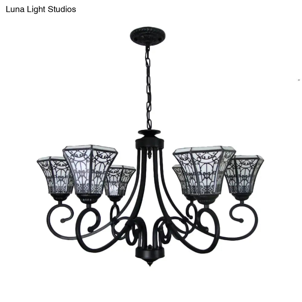 6-Light Lodge Style Black Glass Bell Pendant Light With Fence Design Chandelier