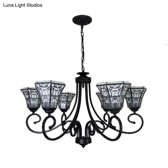 6-Light Lodge Style Black Glass Bell Pendant Light With Fence Design Chandelier