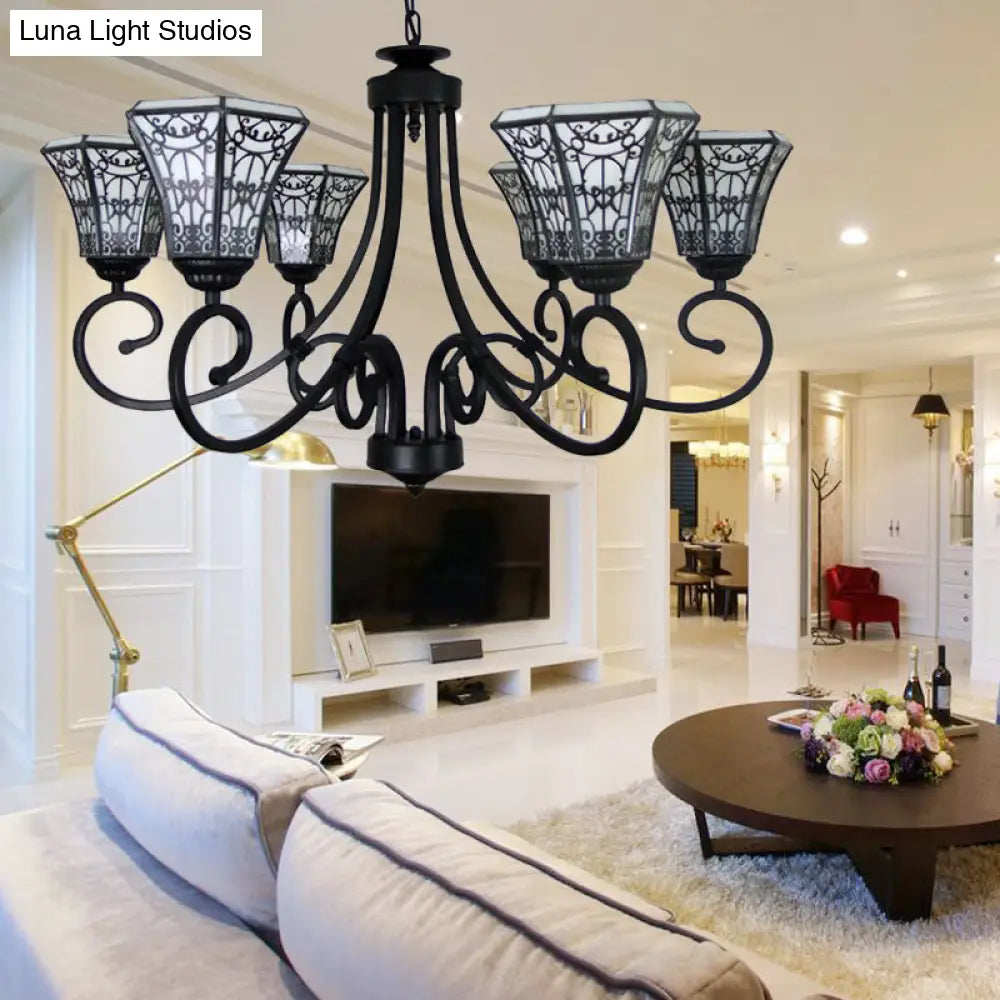 6-Light Lodge Style Black Glass Bell Pendant Light With Fence Design Chandelier