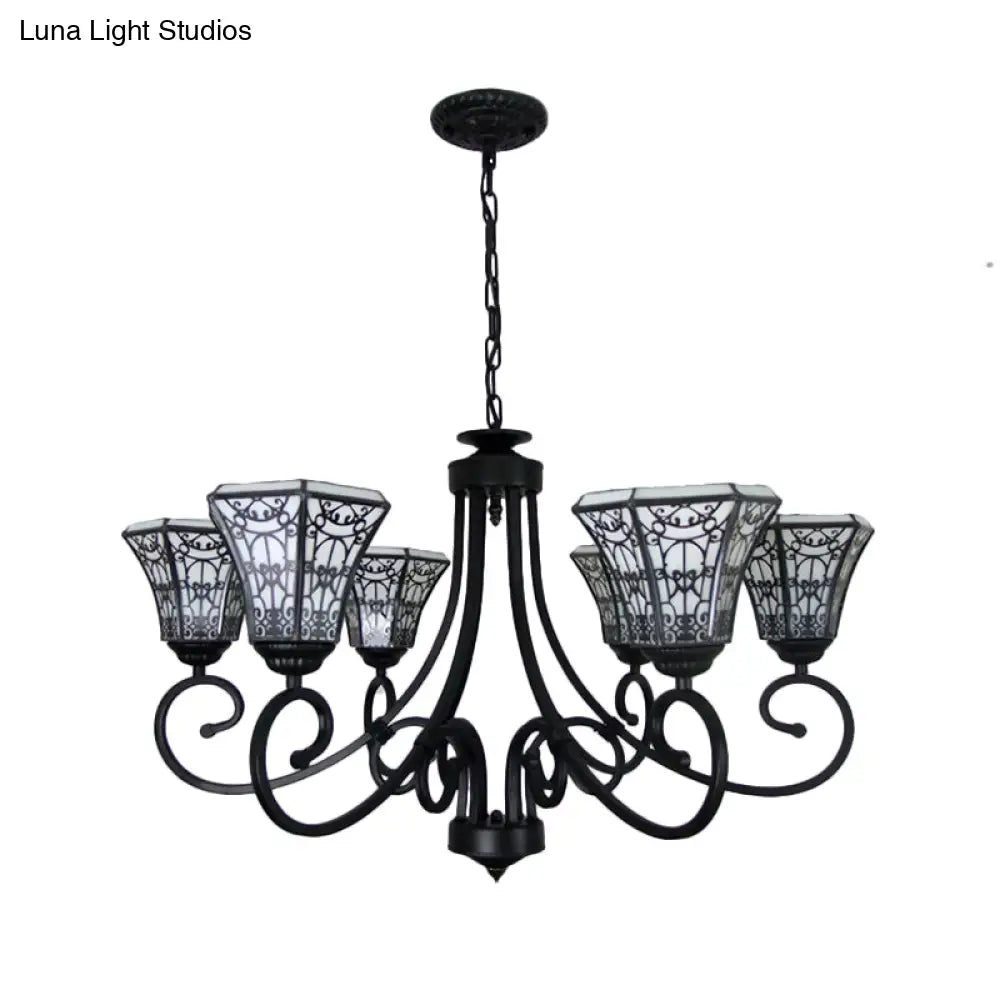 White Glass Bell Pendant Light With Fence Design - Lodge Style Chandelier Lamp (6 Lights) In Black