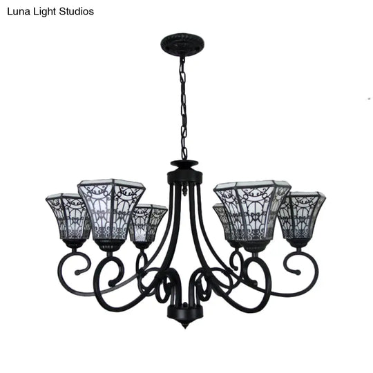 White Glass Bell Pendant Light With Fence Design - Lodge Style Chandelier Lamp (6 Lights) In Black