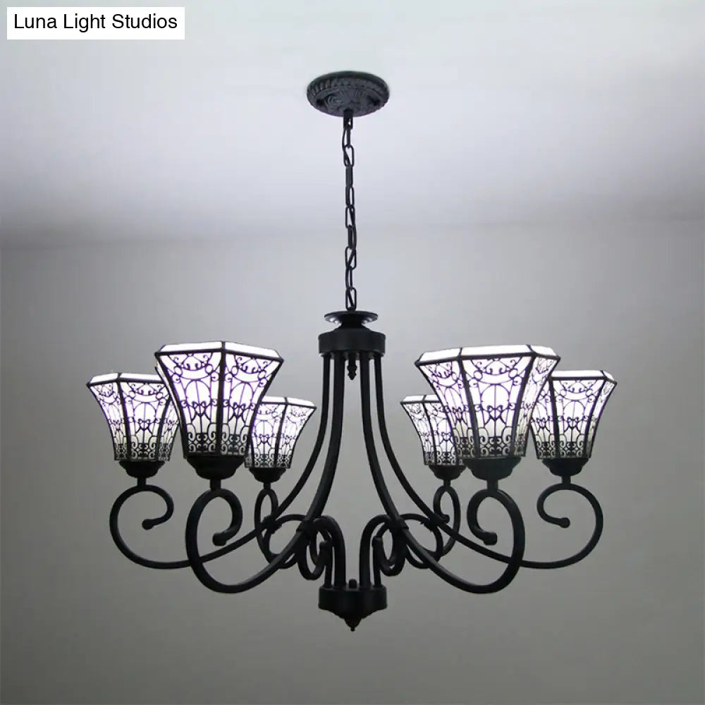 White Glass Bell Pendant Light With Fence Design - Lodge Style Chandelier Lamp (6 Lights) In Black