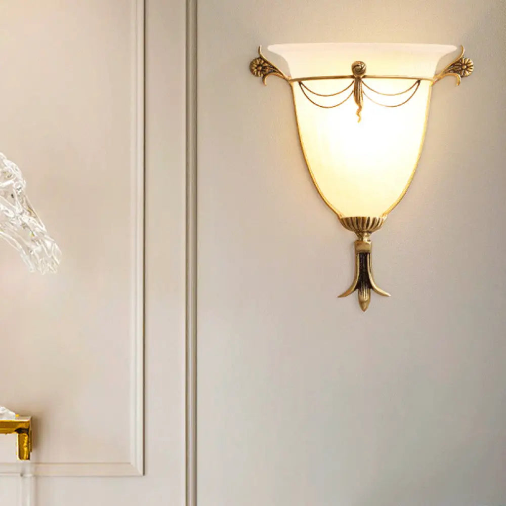 White Glass Bell Sconce Light - Traditional Wall Lighting Fixture For Hallway