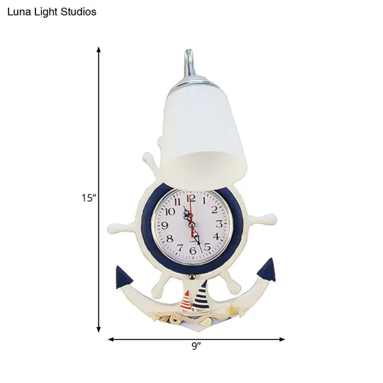 White Glass Bell Sconce Light With Anchor Clock - Mediterranean Wall Lamp For Hotels