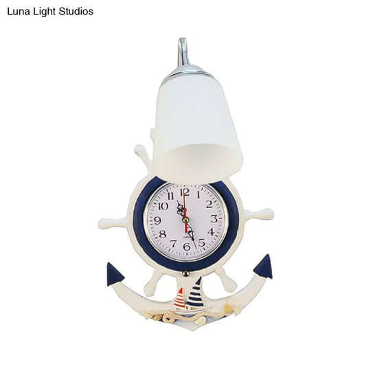 White Glass Bell Sconce Light With Anchor Clock - Mediterranean Wall Lamp For Hotels