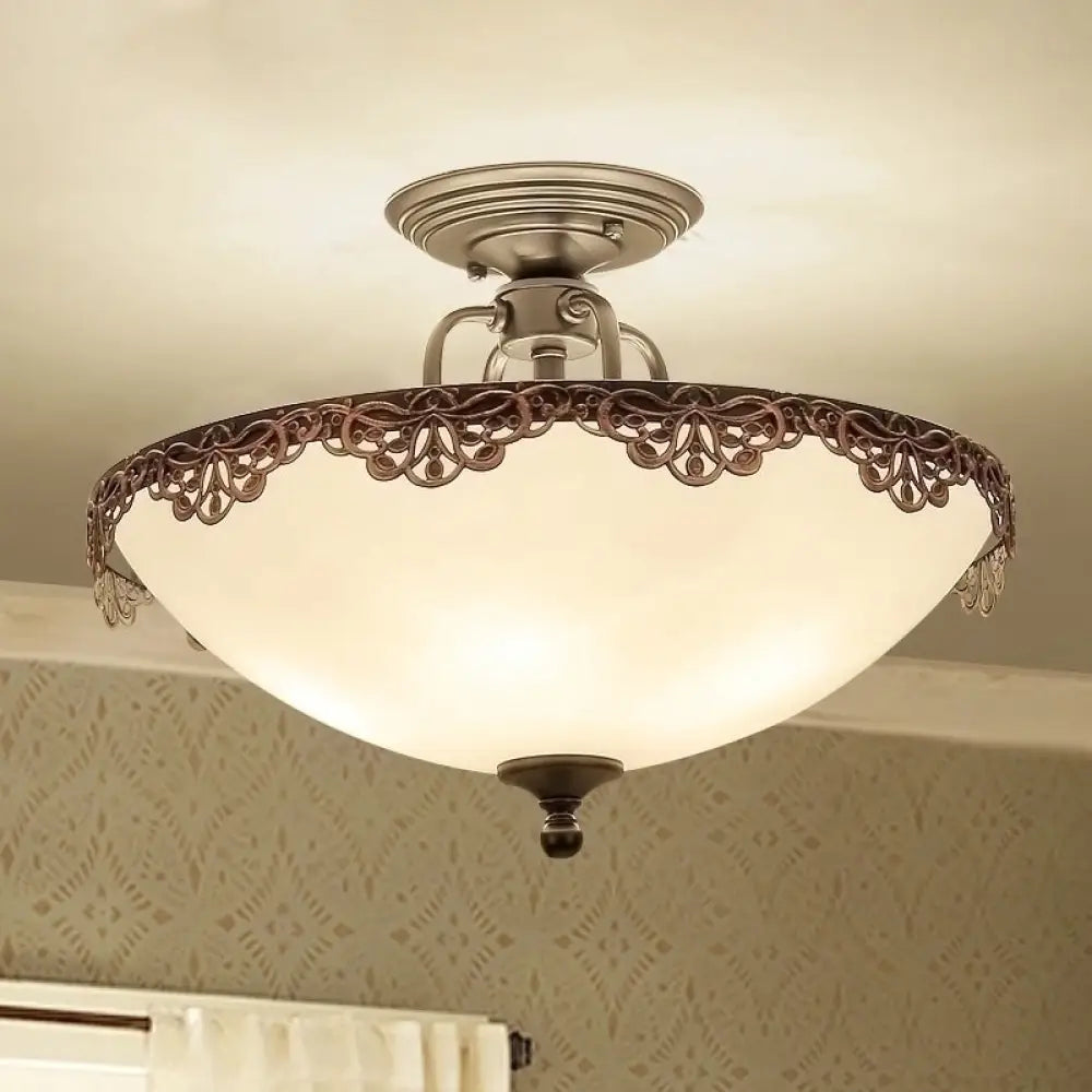 White Glass Bowl Ceiling Lamp - 6 - Light Semi Flush Mount For Dining Room