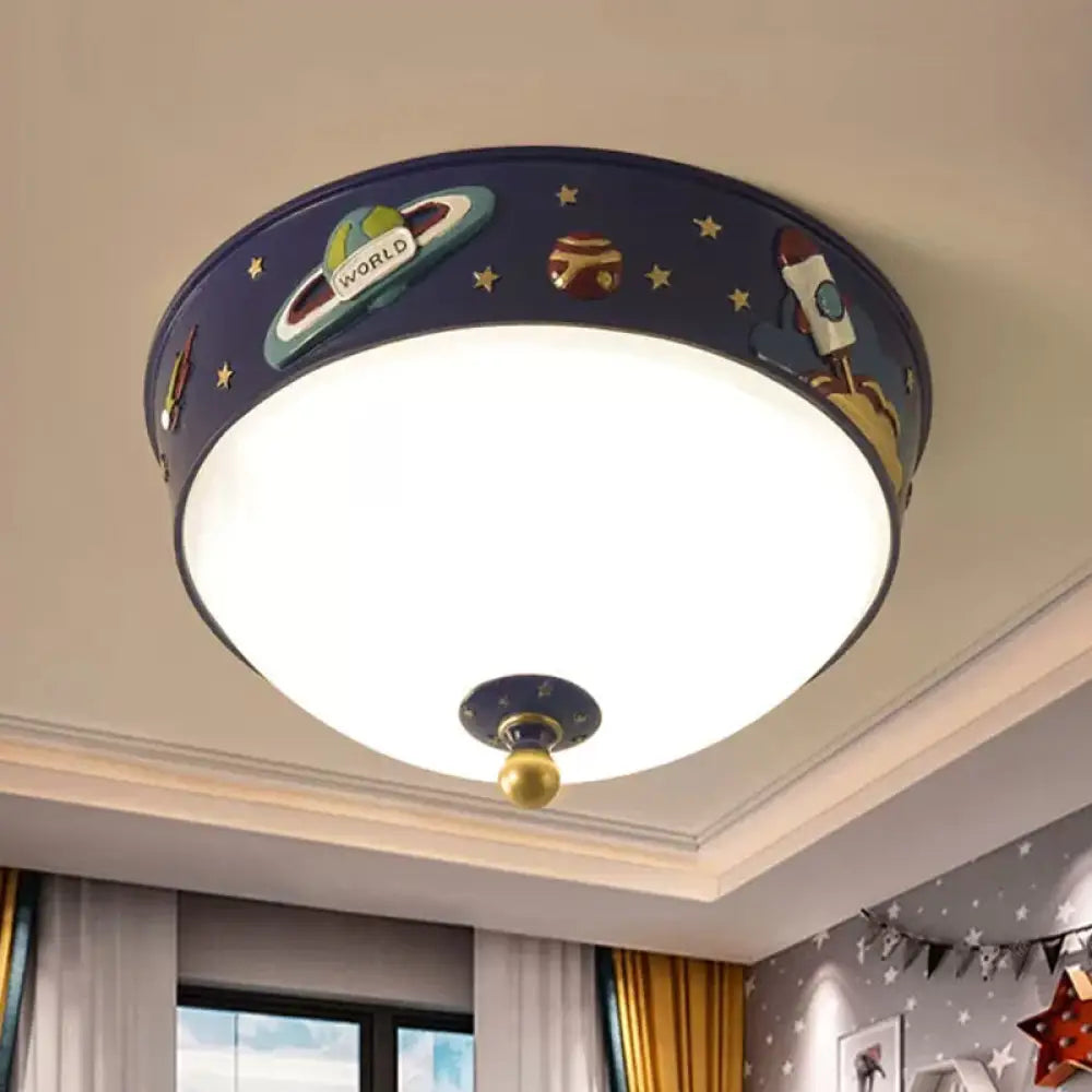 White Glass Bowl Ceiling Light - Cartoon Led Blue Flush Mount With Space Pattern In Warm/White /