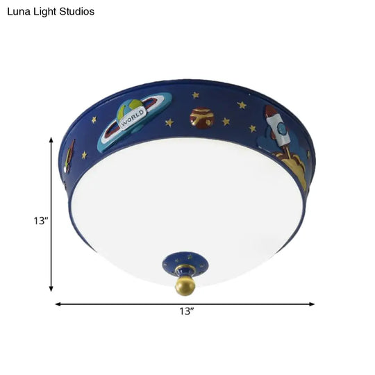 White Glass Bowl Ceiling Light - Cartoon Led Blue Flush Mount With Space Pattern In Warm/White