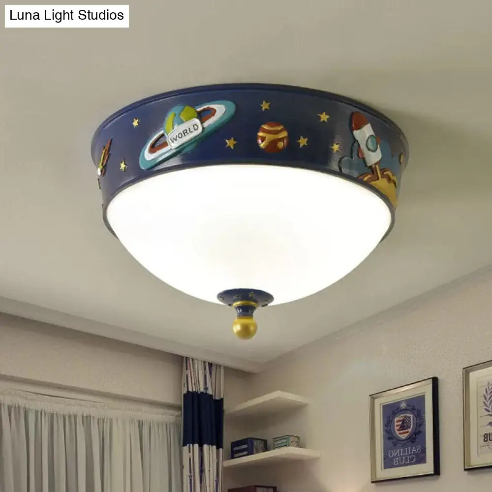 White Glass Bowl Ceiling Light - Cartoon Led Blue Flush Mount With Space Pattern In Warm/White