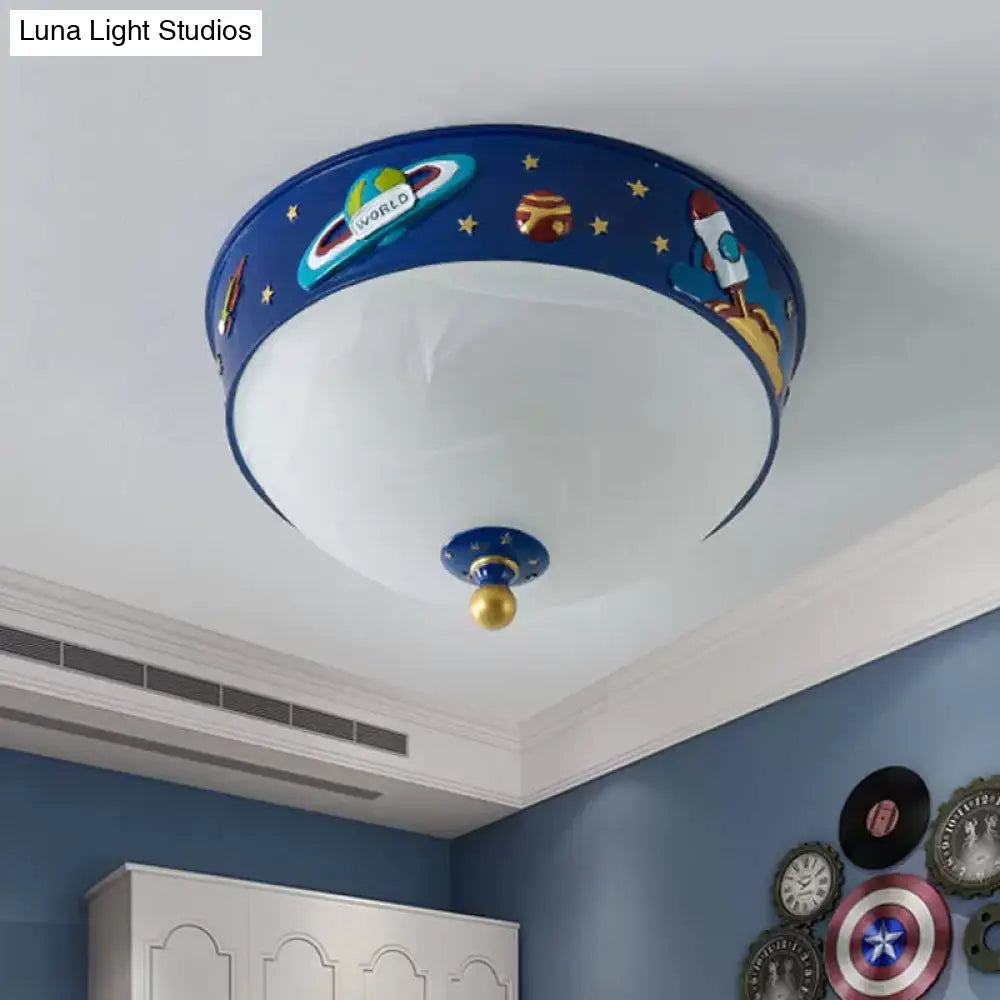 White Glass Bowl Ceiling Light - Cartoon Led Blue Flush Mount With Space Pattern In Warm/White