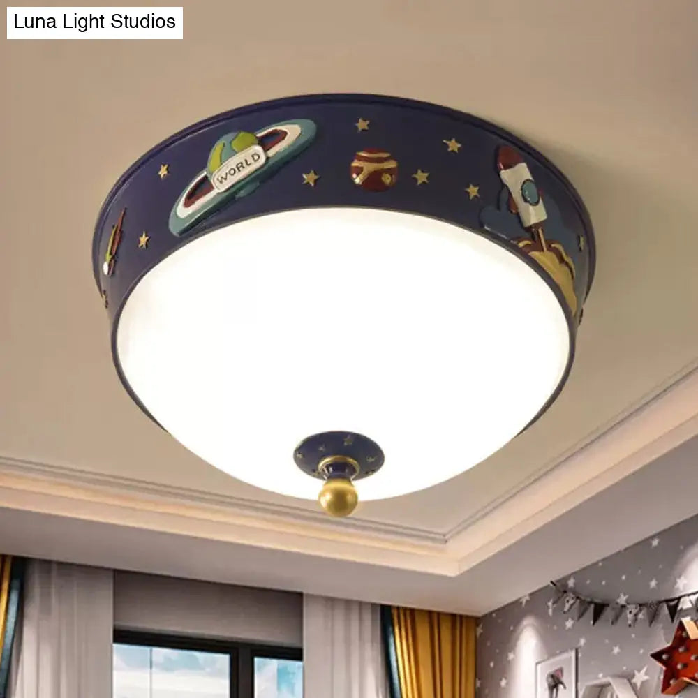 White Glass Bowl Ceiling Light - Cartoon Led Blue Flush Mount With Space Pattern In Warm/White /