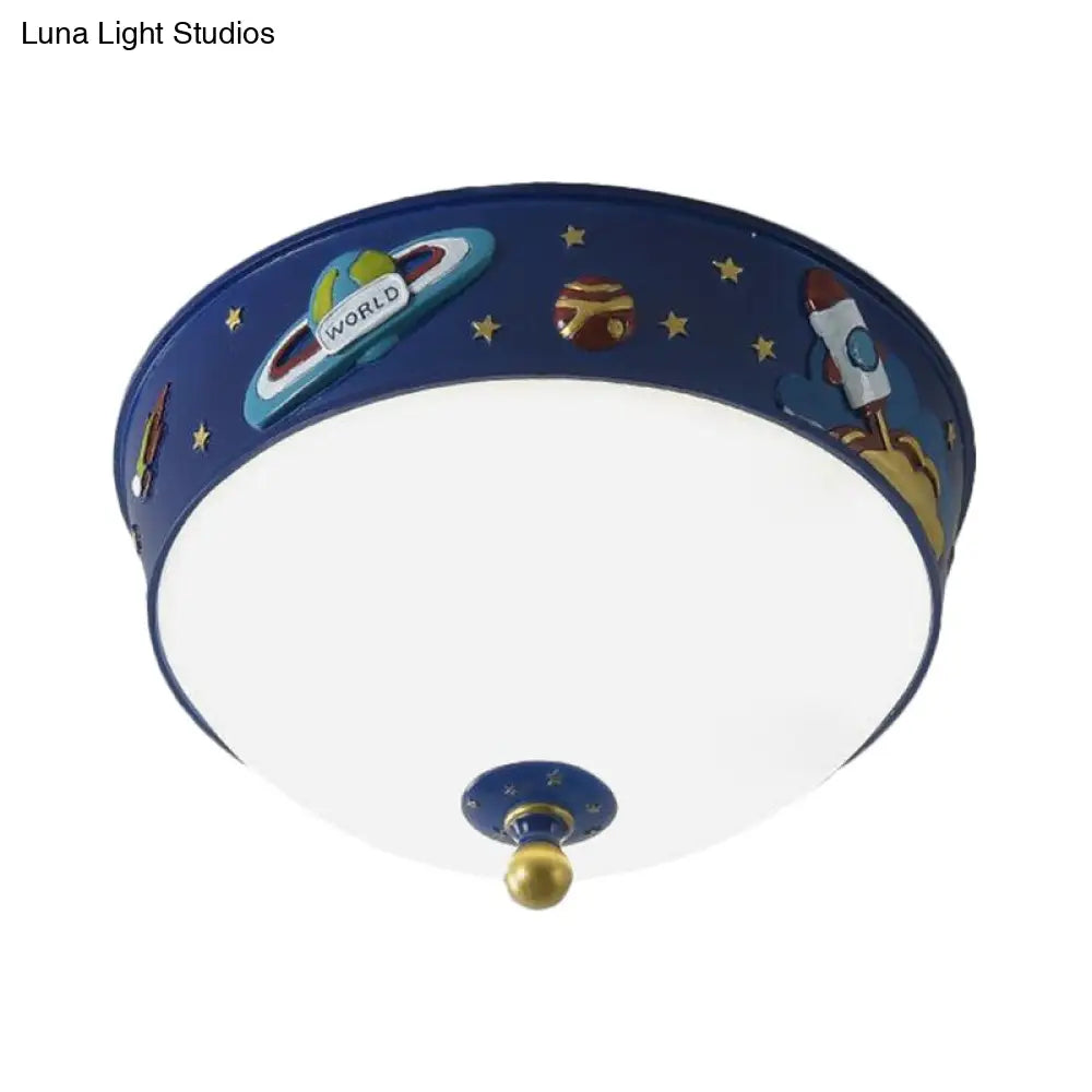 White Glass Bowl Ceiling Light - Cartoon Led Blue Flush Mount With Space Pattern In Warm/White