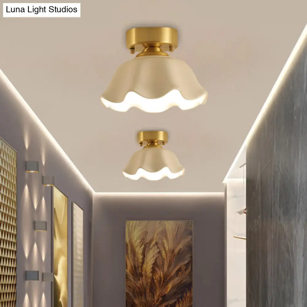 White Glass Brass Flush Lamp - Scalloped/Shell/Trapezoid Design 1 - Light Cottage Ceiling Mount For