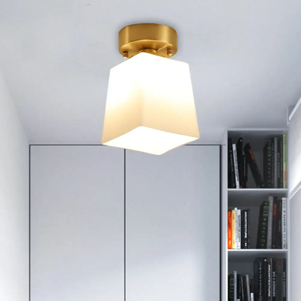 White Glass Brass Flush Lamp - Scalloped/Shell/Trapezoid Design 1 - Light Cottage Ceiling Mount For
