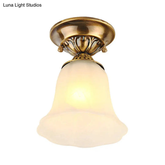 White Glass Ceiling Light Fixture With Classic Brass Bell - 1 Flush Mount For Living Room