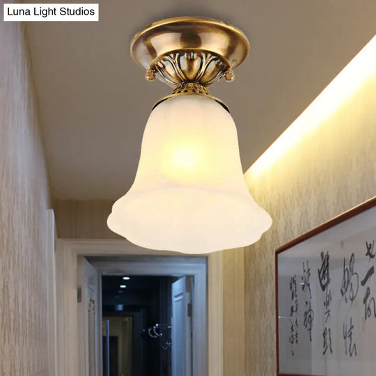 White Glass Ceiling Light Fixture With Classic Brass Bell - 1 Flush Mount For Living Room
