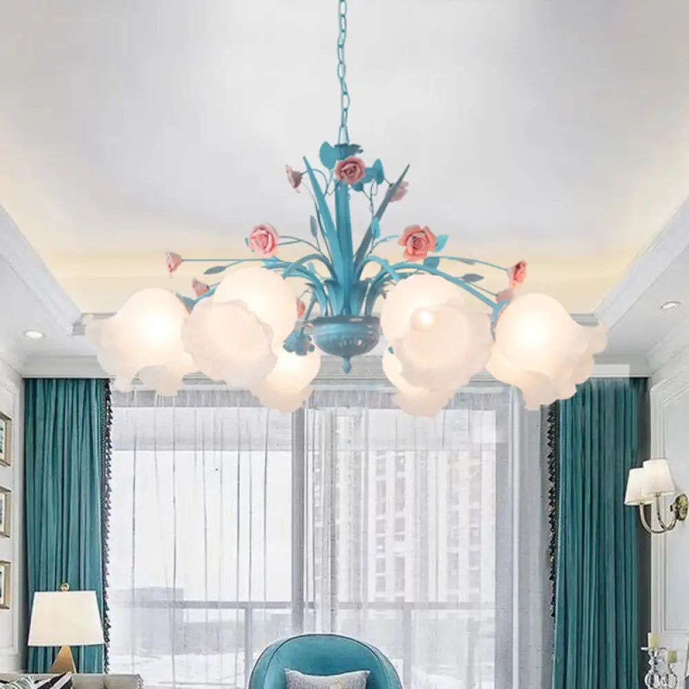 White Glass Chandelier Light - Floral Countryside 8 Bulbs Pendant Lamp For Living Room In Blue