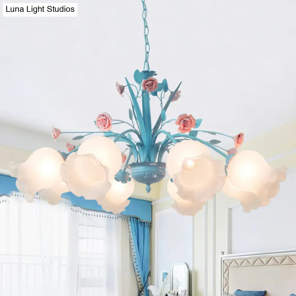 White Glass Chandelier Light - Floral Countryside 8 Bulbs Pendant Lamp For Living Room In Blue