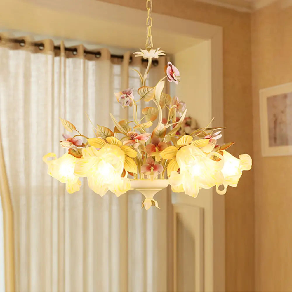 White Glass Chandelier With Flower And Leaf Decor For Countryside Charm - 3/6 Bulb Pendant Bedroom 6