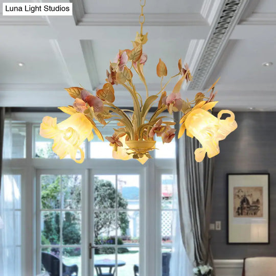 White Glass Chandelier With Flower And Leaf Decor For Countryside Charm - 3/6 Bulb Pendant Bedroom