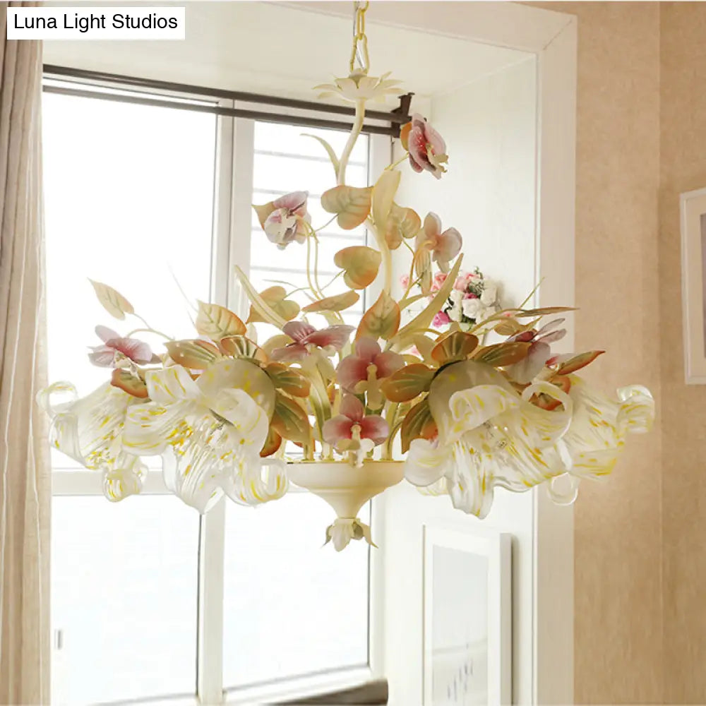 White Glass Chandelier With Flower And Leaf Decor For Countryside Charm - 3/6 Bulb Pendant Bedroom