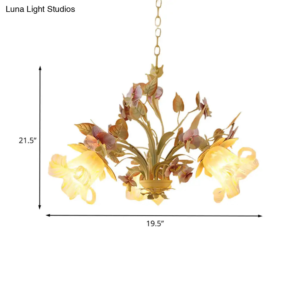 White Glass Chandelier With Flower And Leaf Decor For Countryside Charm - 3/6 Bulb Pendant Bedroom