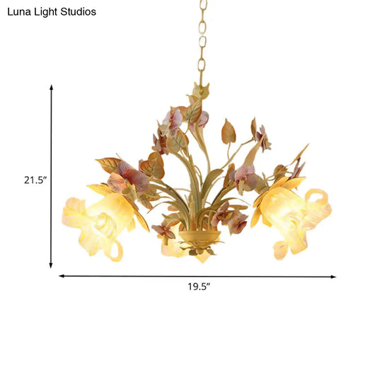 White Glass Chandelier With Flower And Leaf Decor For Countryside Charm - 3/6 Bulb Pendant Bedroom