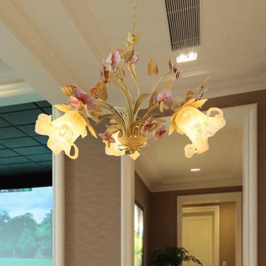 White Glass Chandelier With Flower And Leaf Decor For Countryside Charm - 3/6 Bulb Pendant Bedroom 3