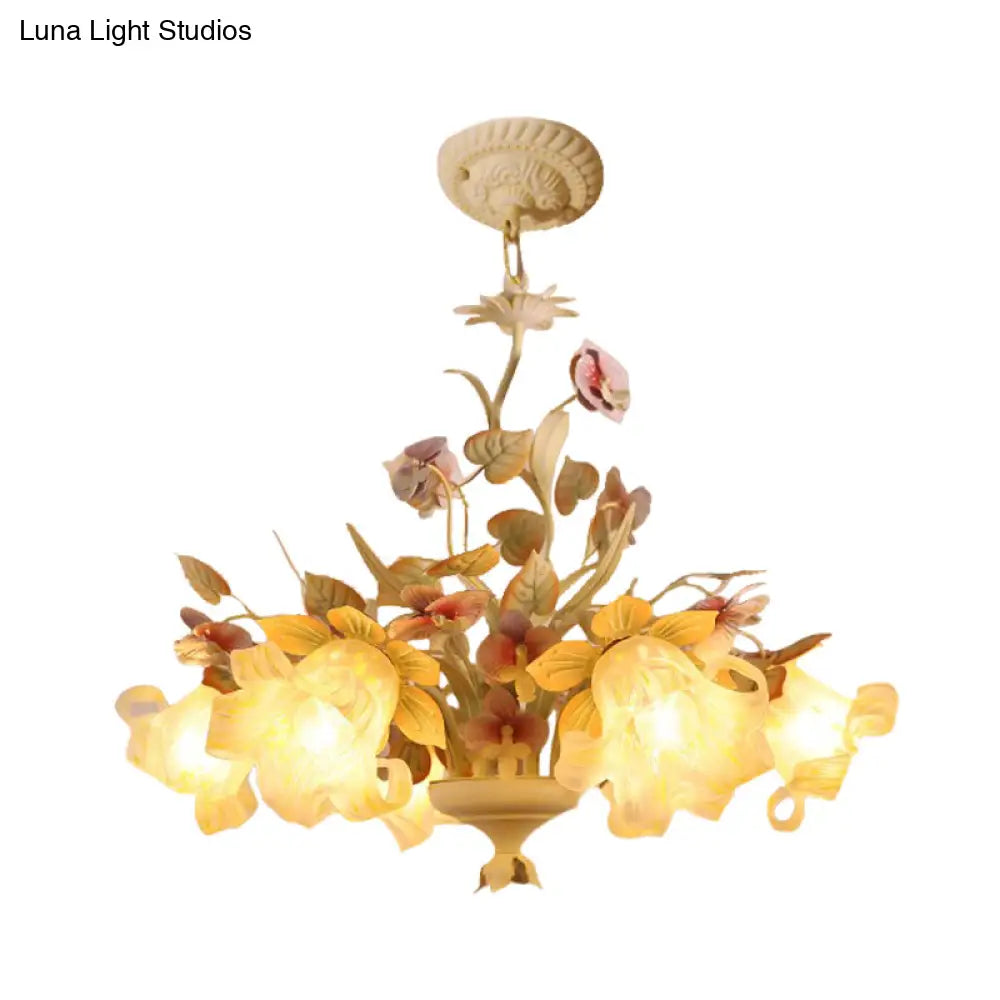 White Glass Chandelier With Flower And Leaf Decor For Countryside Charm - 3/6 Bulb Pendant Bedroom