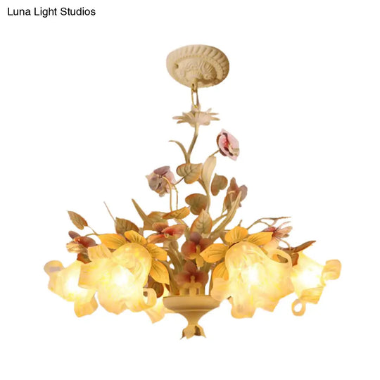 White Glass Chandelier With Flower And Leaf Decor For Countryside Charm - 3/6 Bulb Pendant Bedroom