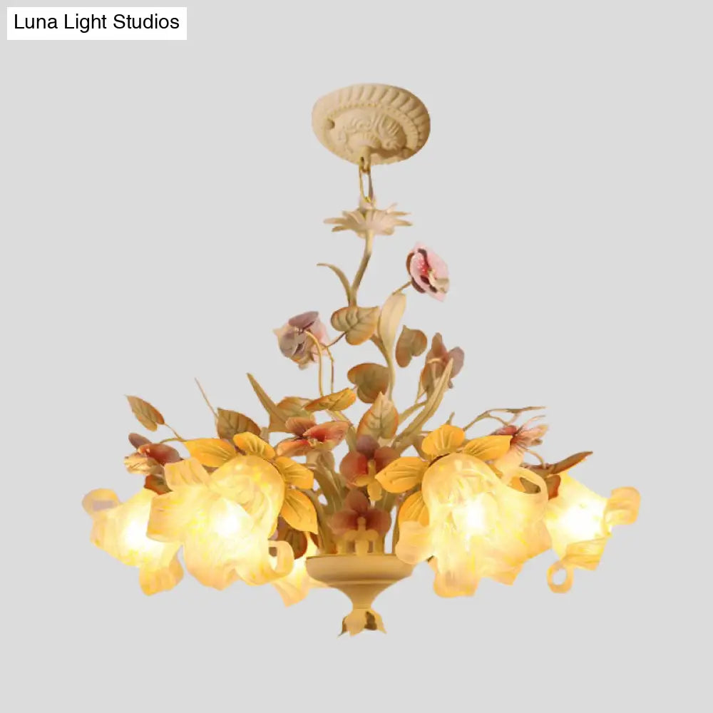 White Glass Chandelier With Flower And Leaf Decor For Countryside Charm - 3/6 Bulb Pendant Bedroom