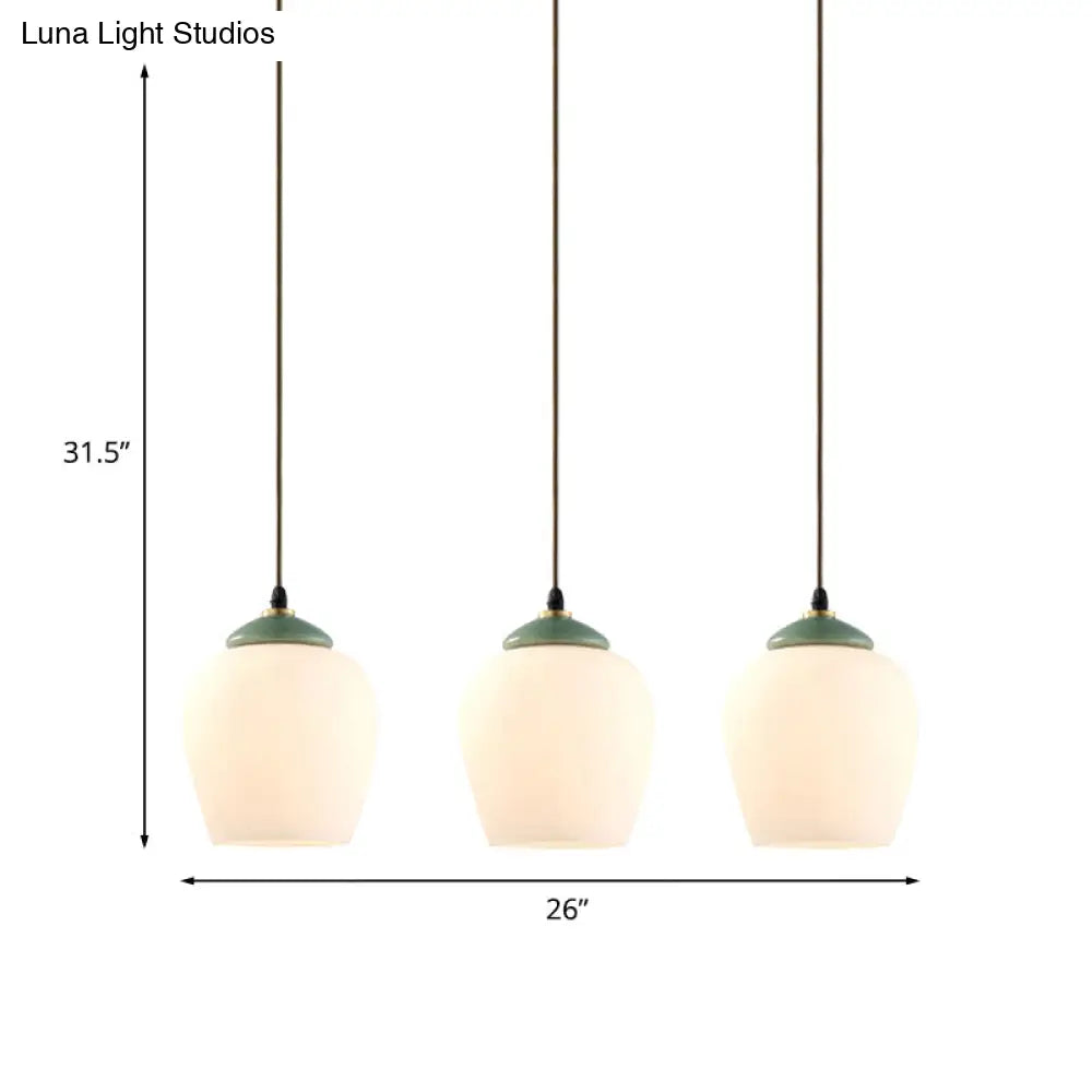 White Glass Cluster Pendant Lamp With Ceramic Top - Classic 3 Heads Suspension For Living Room