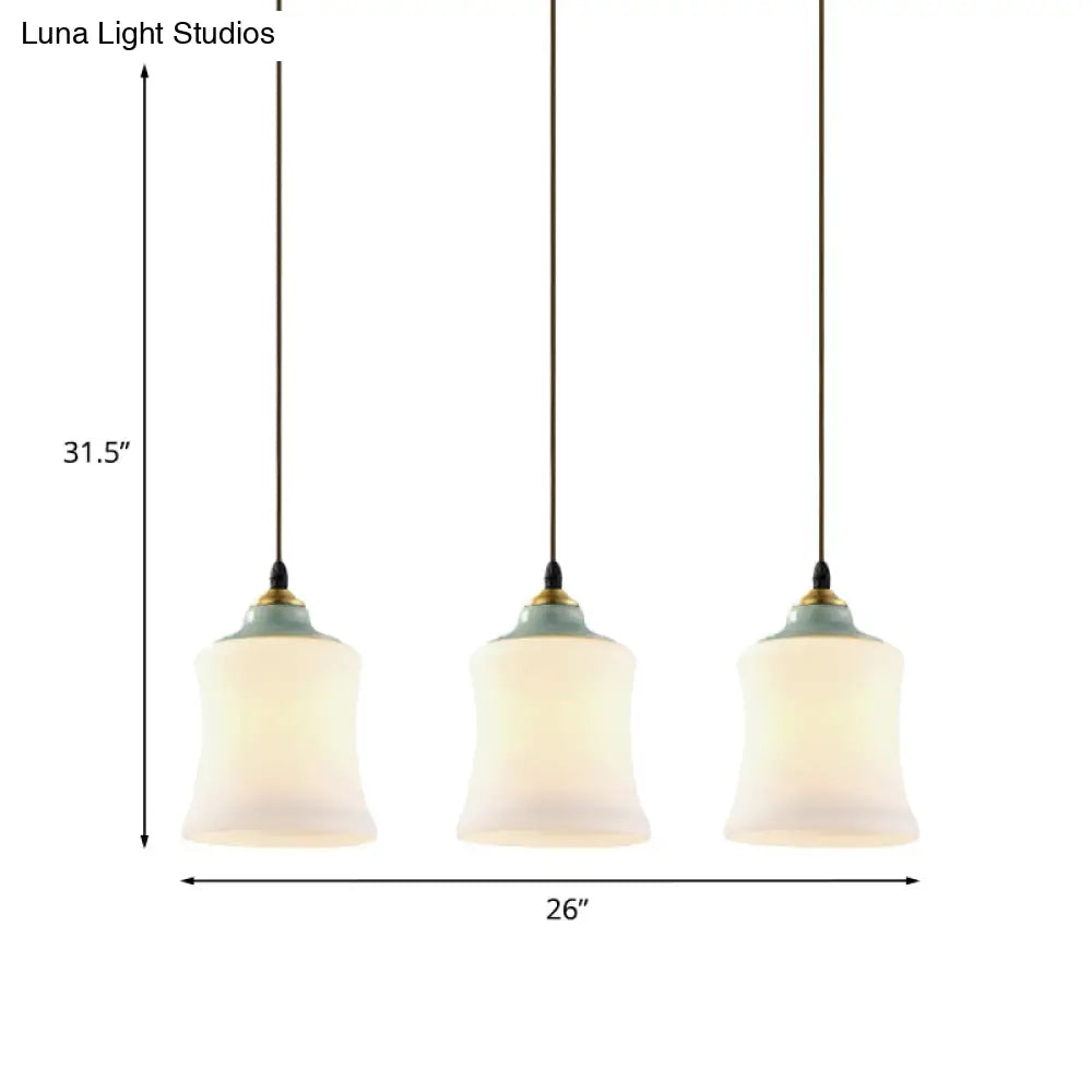 White Glass Cluster Pendant Lamp With Ceramic Top - Classic 3 Heads Suspension For Living Room