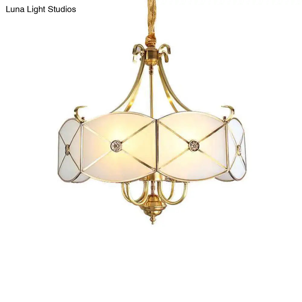 White Glass Colonial Drum Hanging Pendant Chandelier - 4/6 Heads Bedroom Lighting Fixture