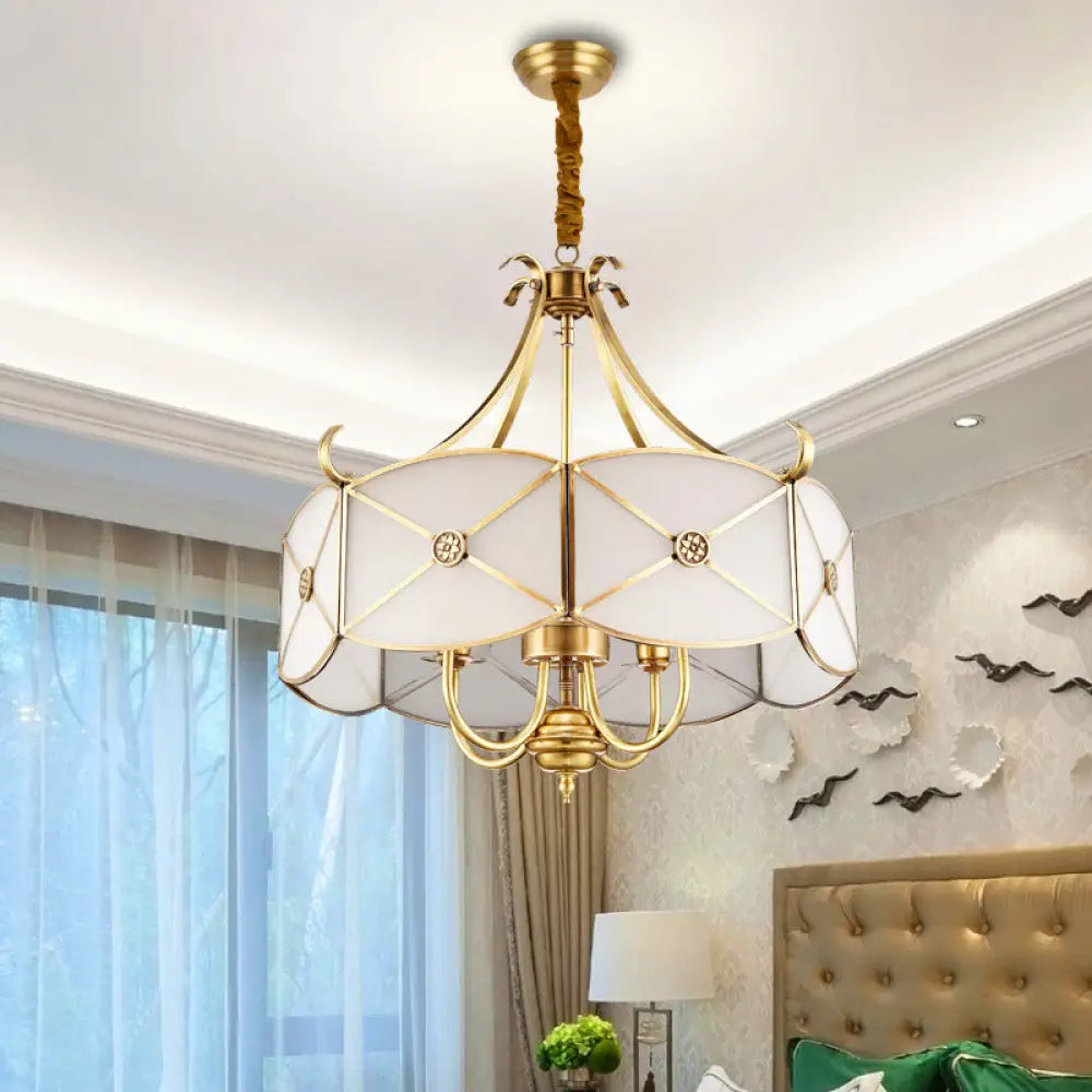 White Glass Colonial Drum Hanging Pendant Chandelier - 4/6 Heads Bedroom Lighting Fixture 4 /