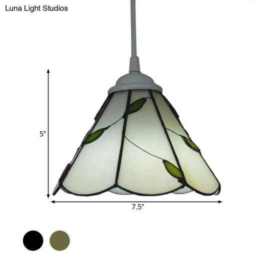 White Glass Cone Hanging Light Kit - Mission 1-Light Pendant Lamp With Bronze Leaf Pattern And