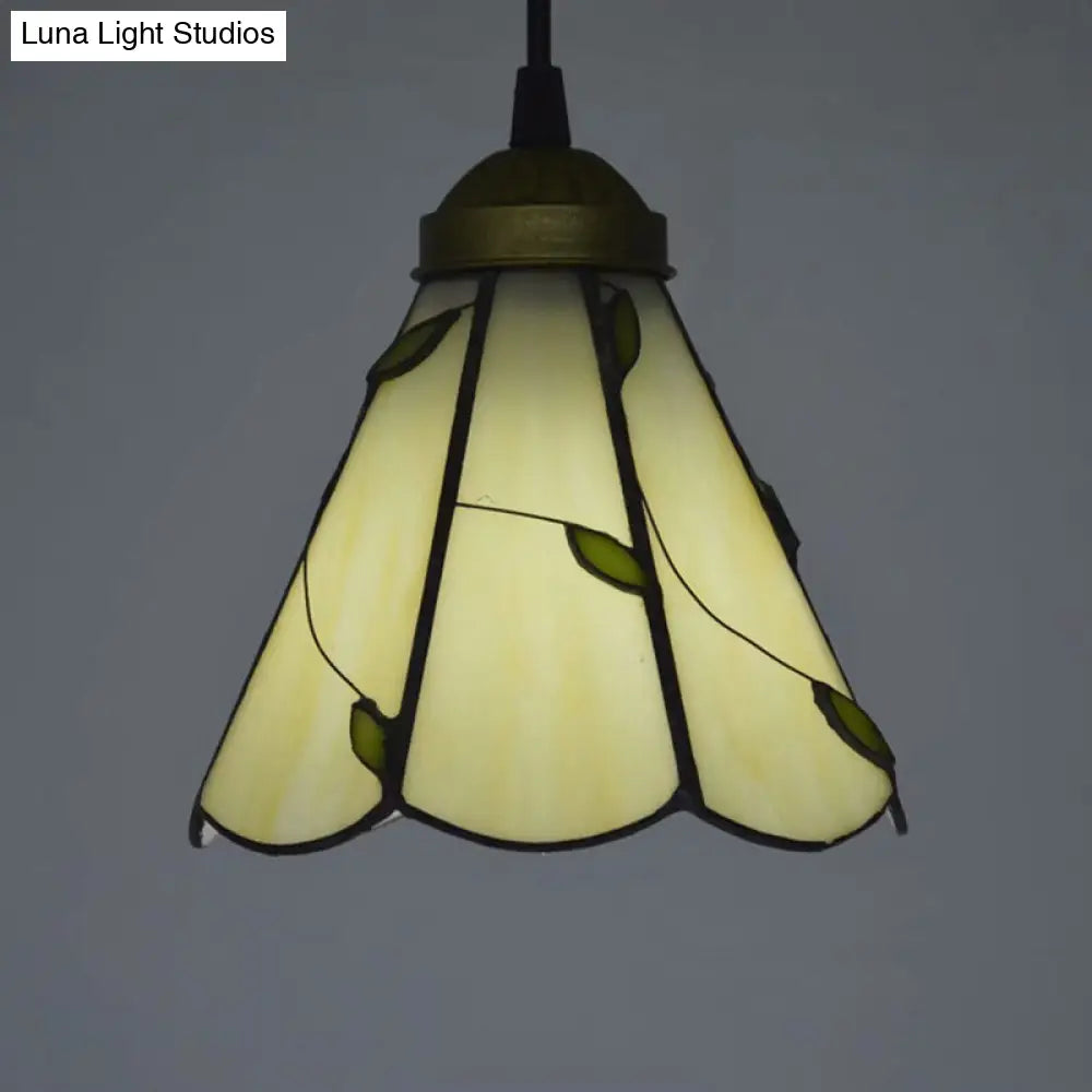 Bronze Leaf Patterned Pendant Lamp: White Glass Cone Hanging Light Kit With Scalloped Trim