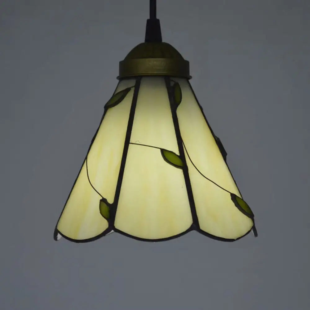White Glass Cone Hanging Light Kit - Mission 1-Light Pendant Lamp With Bronze Leaf Pattern And
