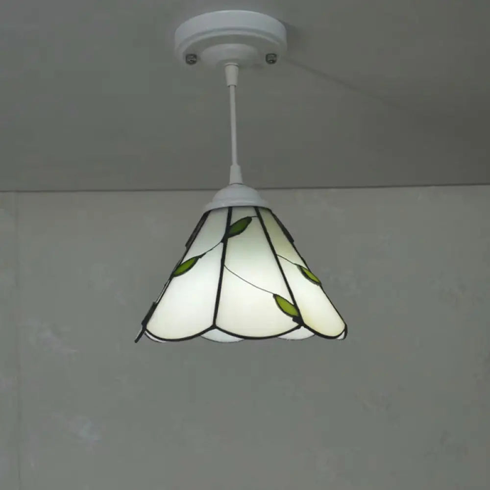 White Glass Cone Hanging Light Kit - Mission 1-Light Pendant Lamp With Bronze Leaf Pattern And